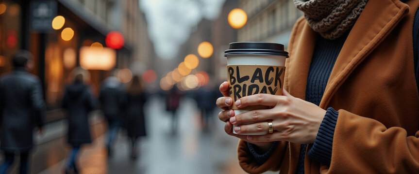 Woman hands holding coffee cup with Black Friday sleeve for lifestyle blogs, cafe marketing, and holiday shopping websites