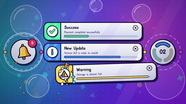 Success, warning, error and info toast notification cards stacking with bell icon and dial widget, bold vector UI motion graphics loop on teal purple gradient background