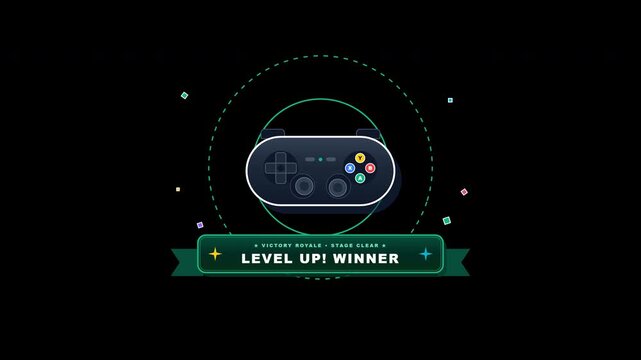 Flat 2D gaming controller graphic with level up winner text, neon rings, and esports sparkle particles pulsing against a transparent background