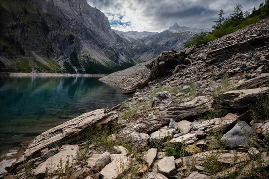 Rugged shoreline of Lac de Tseuzier in Valais, Switzerland, with weathered tree roots, driftwood and rocks beside clear turquoise water. Dramatic Alpine peaks and forested slopes rise above the scenic
