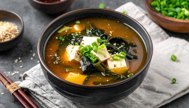 Traditional miso soup with tofu seaweed and green onions