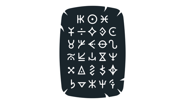 Ancient magic rune stone tablet silhouette icon with astrological signs and alchemical symbols for occult mystic and esoteric graphic design.