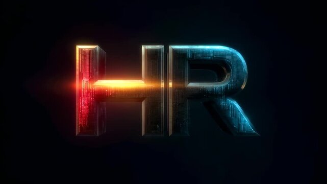 An abstract glowing HR logo with a laser beam effect. The letters are metallic and textured against a dark background, creating a modern and futuristic feel