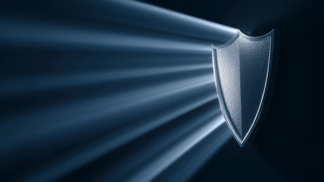 A gleaming silver shield is illuminated by bright blue light rays emanating from the side, creating a dramatic and secure atmosphere