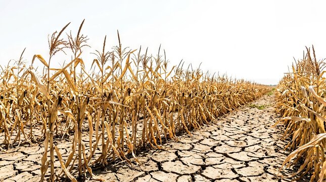 Dried corn stalks standing in cracked earth during drought