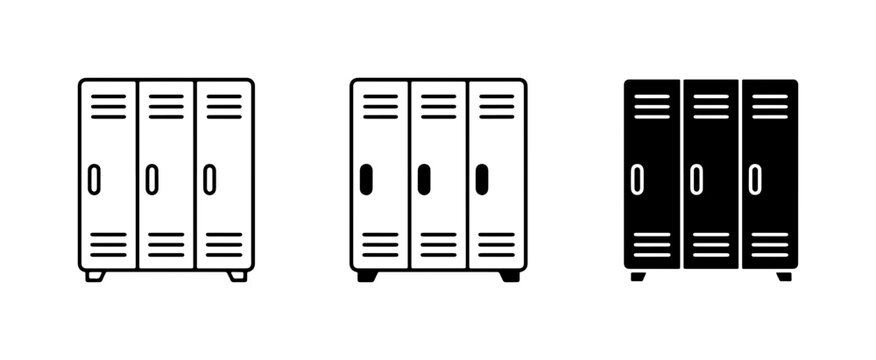 Locker icons set with gym, school and storage units for security and personal belongings