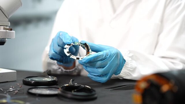 Laboratory technician in blue gloves examines a wristwatch beside a microscope and watch parts, showing careful repair, testing, and quality control.