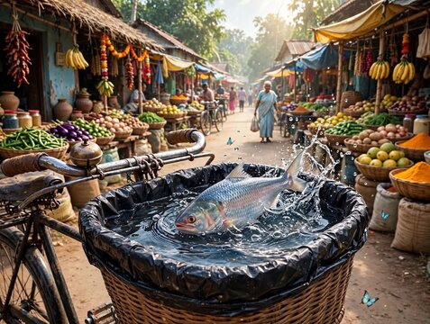  Live Fresh Hilsa Ilish Fish Jumping With Water Splash In Bicycle Basket At Traditional Bangladeshi Village Market