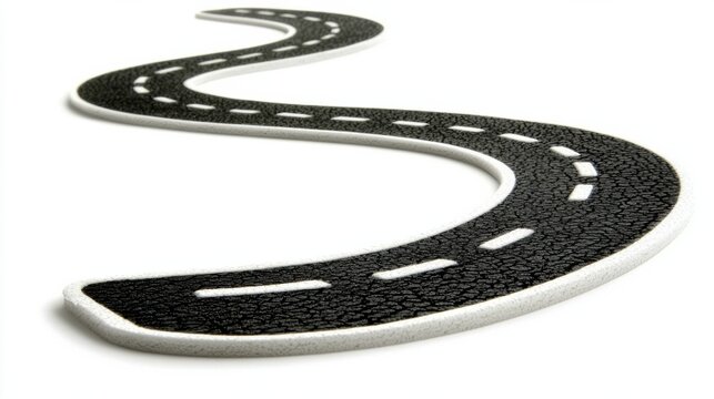 A winding black asphalt road with white dashed lane markings twists on a white background, symbolizing a curvy or uncertain path.