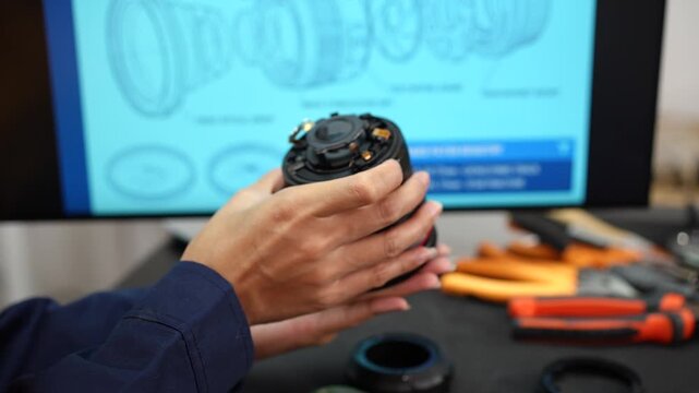 Technician holds a camera lens during repair work at a desk, with tools and a monitor showing lens diagrams in the background.