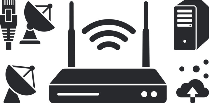 Computer network and internet connection silhouette vector icon set featuring wifi router ethernet cable satellite dish server and cloud upload