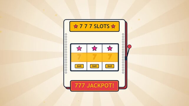 Animated retro 3-reel slot machine with spinning reels, landing jackpot, flashing lights, winning payline beam, and celebratory coin particle effects. Clean 2D vector graphic suitable for casino,
