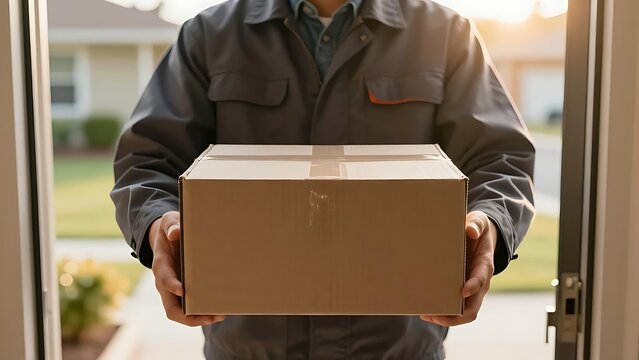 Delivery courier holding a cardboard box package at front door receiving parcel shipping service logistics express home delivery order shopping ecommerce courier service deliveryman box hand.