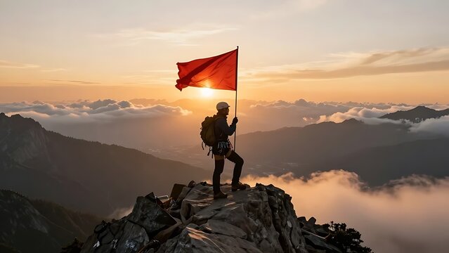 Successful hiker standing on a rocky mountain peak holding a red flag at sunset above a sea of clouds representing achievement ambition victory leadership motivation goal reached mountain summit.
