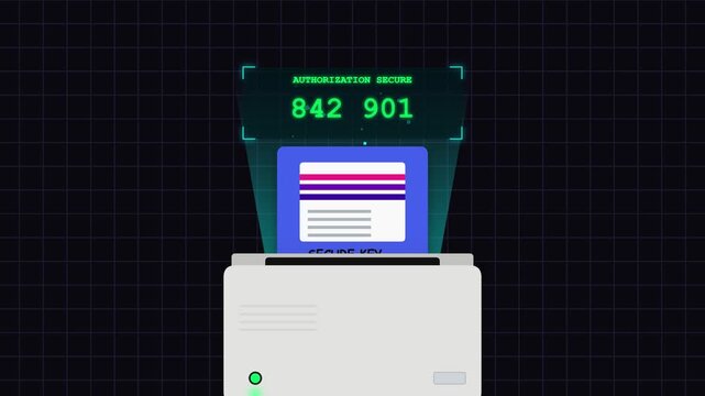 Retro Floppy Disk Key Being Inserted into a Drive Generating a Secure Two Factor Authentication Code for Digital Authorization and Data Protection