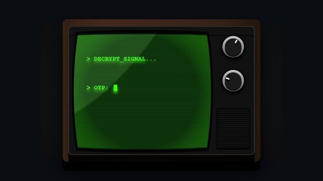 Retro Television Screen Displaying a Command Line Interface with a Decrypt Signal Message and Otp Numbers Amidst Static and Color Bar Glitches Representing Old Technology and Cybersecurity Concepts