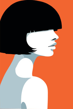 Minimalist pop art portrait of a stylish woman with a black bob haircut on an orange background. egant female profile illustration with short bob haircut in modern retro vector style. 