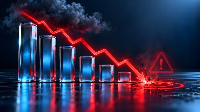 Economic crash concept showing shattered glass bar chart with plummeting red arrow and glowing warning sign