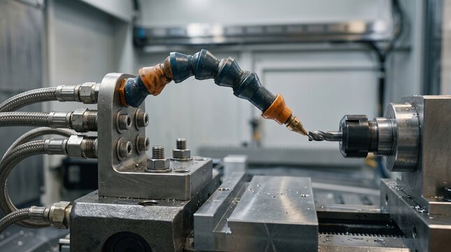 Coolant Nozzle on CNC Machine - Flexible Coolant Hose, Metal Cutting Fluid Delivery System, and Precision Drill Bit in Industrial Manufacturing