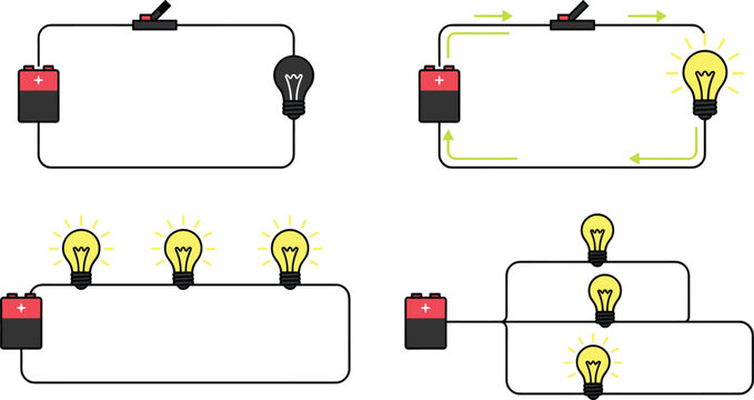 Electrical Circuit Diagram Vector Set Comparing Open Closed Series and Parallel Configurations with Batteries and Light Bulbs for Physics Science Education