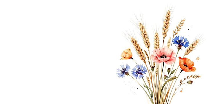 Beautiful watercolor botanical bouquet with wheat ears red poppies and blue cornflowers on white background with copy space for text.