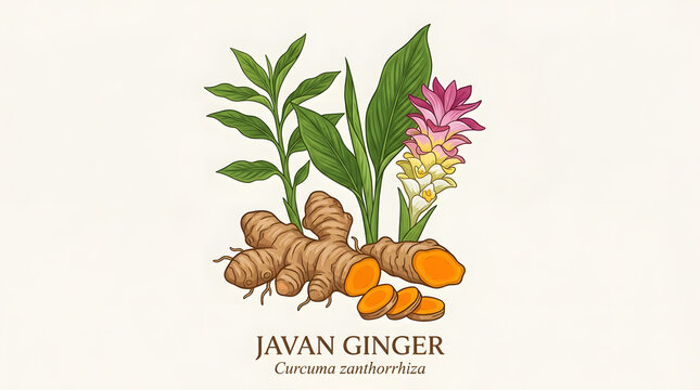 Botanical illustration of Javan ginger or Curcuma xanthorrhiza with roots and leaves on white background