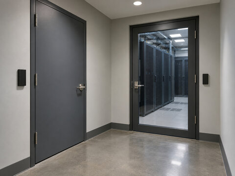 Secure data room vestibule with two closed access doors