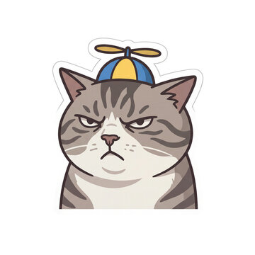 Grumpy Tabby Cat Wearing Propeller Beanie Hat Cartoon Sticker