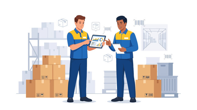 Warehouse workers reviewing inventory on tablet and clipboard, surrounded by boxes and shelves