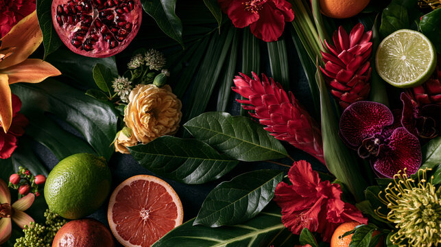 Vibrant tropical fruits and flowers arrangement with citrus, pomegranate, orchids and lush green leaves
