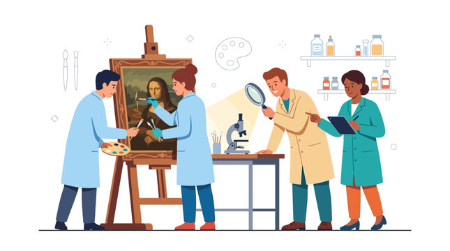 Art Restoration and Scientific Analysis Team Working on Famous Painting in Lab