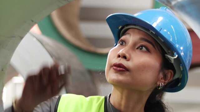 Asian woman worker with helmet and safety vest inspecting large metal tube in industrial site. Female engineer inspector checking quality of product at working site in industrial manufacturing factory
