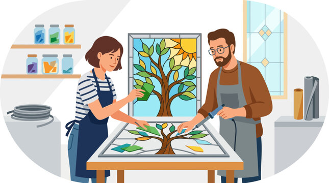 Artisans Crafting Stained Glass Tree Artwork
