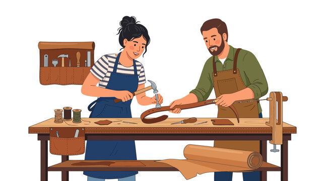 Artisan Couple Crafting Leather Goods Together, Illustrating Collaboration and Small Business