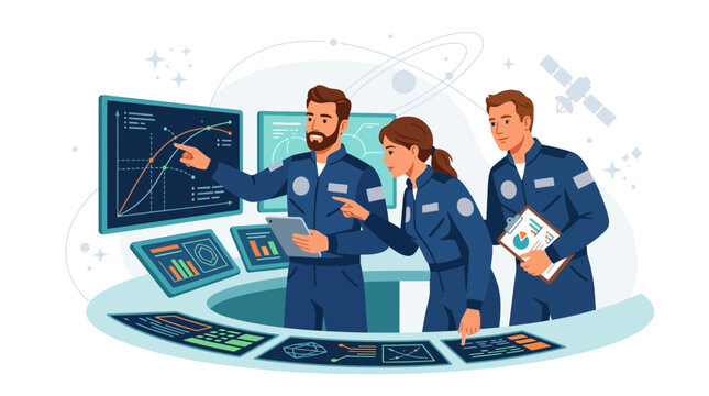 Astronauts in Control Room Analyzing Space Mission Data on Futuristic Screens