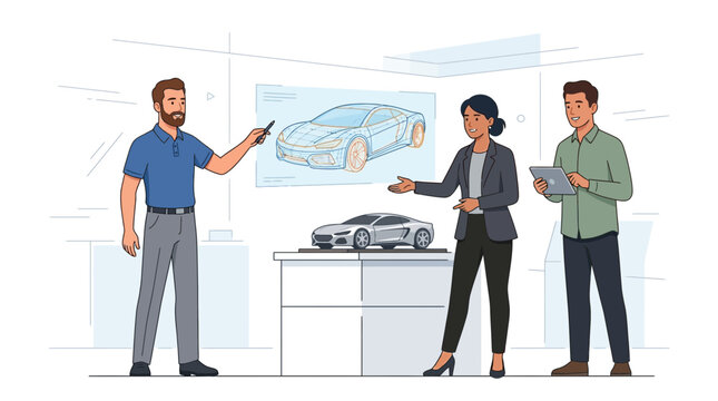 Automotive Design Presentation: Engineers Discussing Car Model and Blueprint