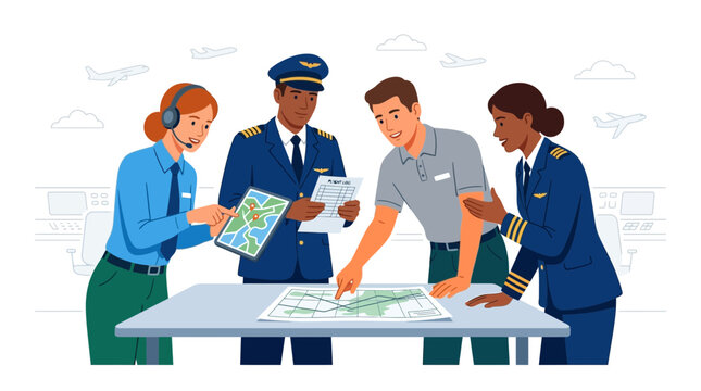 Aviation team planning flight route, pilots and air traffic controller collaborating in control room