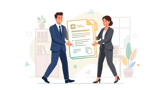 Business Colleagues Exchanging Medical Document in Modern Office Setting