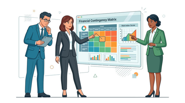 Business Meeting: Analyzing Financial Contingency Matrix and Performance Charts with Diverse Team
