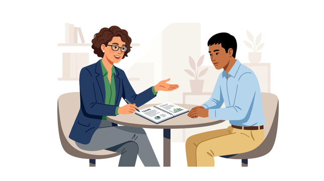 Business meeting between colleagues discussing financial report on table, vector illustration