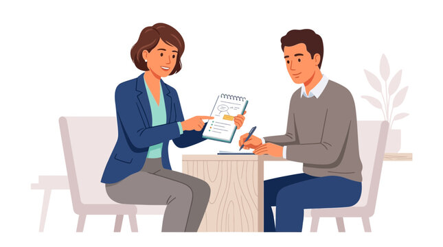 Business Meeting: Consultant Advises Client, Discussing Plans and Strategy on Notebook