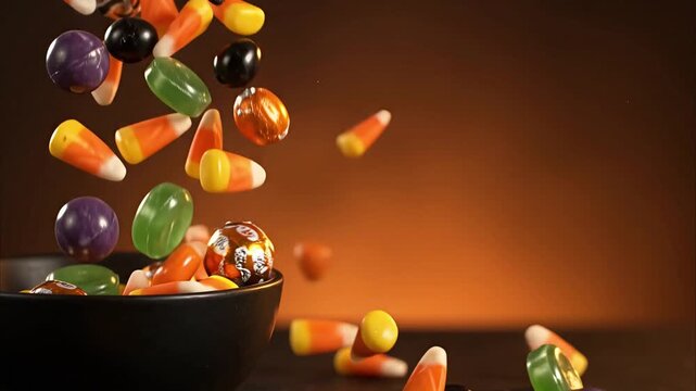 Candy falling into a black bowl on a table creating sweet dessert marketing background