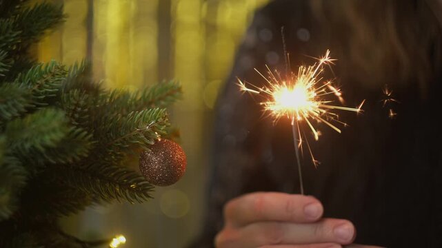Woman celebrates New Year holding sparkler in her hand. Festive mood, New Year party.