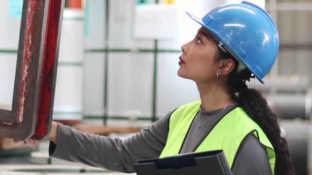 Asian woman worker with helmet and safety vest hold document folder, inspect machine for lifting metal pipes in industrial factory. Female engineer inspector check quality of product at working site.