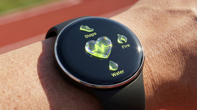 Cardiovascular health monitoring utilizing a glowing holographic heart interface on a modern wearable device during outdoor athletic exercise routines.