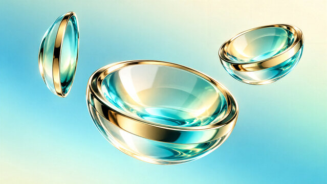 Floating Aquamarine Concave Glass Lenses with Golden Rims