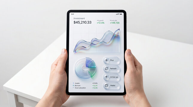 Financial growth visualization showcasing a futuristic 3D investment dashboard held by human hands against a minimalist white studio background.