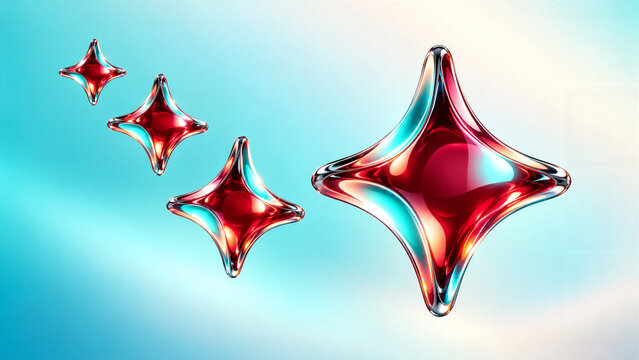 Floating Ruby Glass Four Point Stars with Aqua and Silver Reflections