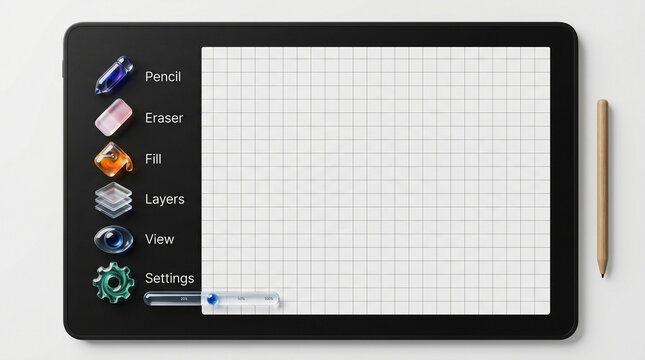 Refined glassmorphism interface icons manipulated on a black digital tablet featuring a precise grid canvas and realistic wooden stylus tool.