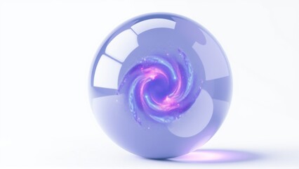 Fototapeta premium Glossy sphere contains swirling galaxy. Pink, purple hues visible within reflective surface. Minimalist studio lighting creates soft shadow.
